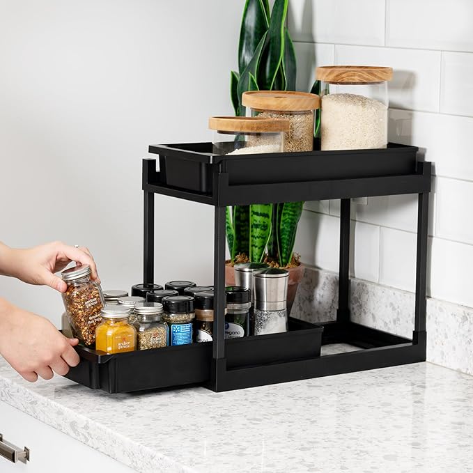 IRIS USA Under Sink Organizer, 4 Pack, Bathroom Organizers and Storage, Pull Out Under Cabinet Kitchen Shelf Pantry Under Counter, Cleaning Supplies, Vertical Spice Rack Slide Out Drawer, Easy Install