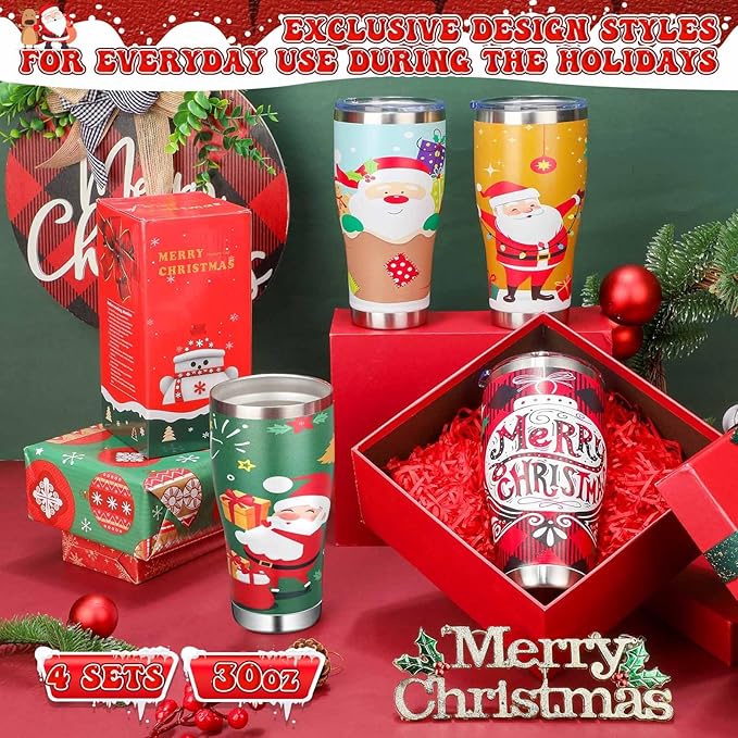 Mifoci 4 Pcs 30 oz Christmas Tumbler with Lid and Straw Stainless Steel Christmas Mug Double Insulated Cup Insulated Coffee Tumbler with Straw Brush for Holiday Coworkers Women Gifts(Style 3)