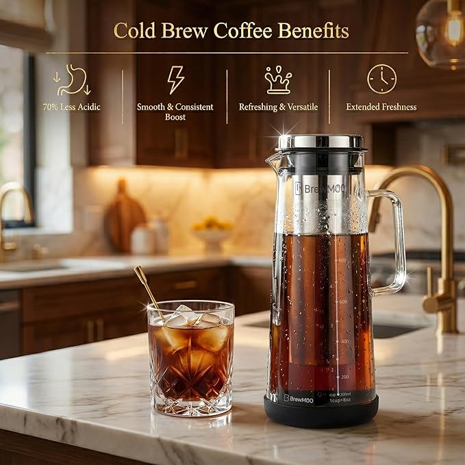 BrewMOO- Airtight Cold Brew Coffee Maker Pitcher, 1.4L/48Oz Thick Glass Carafe with Filter, Comfort Sturdy Handle & Wide Spout, Non-Slip Base | Iced Tea Maker (Black)