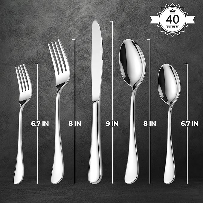 LIANYU Silverware Flatware Set for 8, 40 Piece Stainless Steel Flatware Utensils Set, Mirror Polished Cutlery Set Include Spoons Forks and Knives, Metal Tableware Set for Home Kitchen, Dishwasher Safe