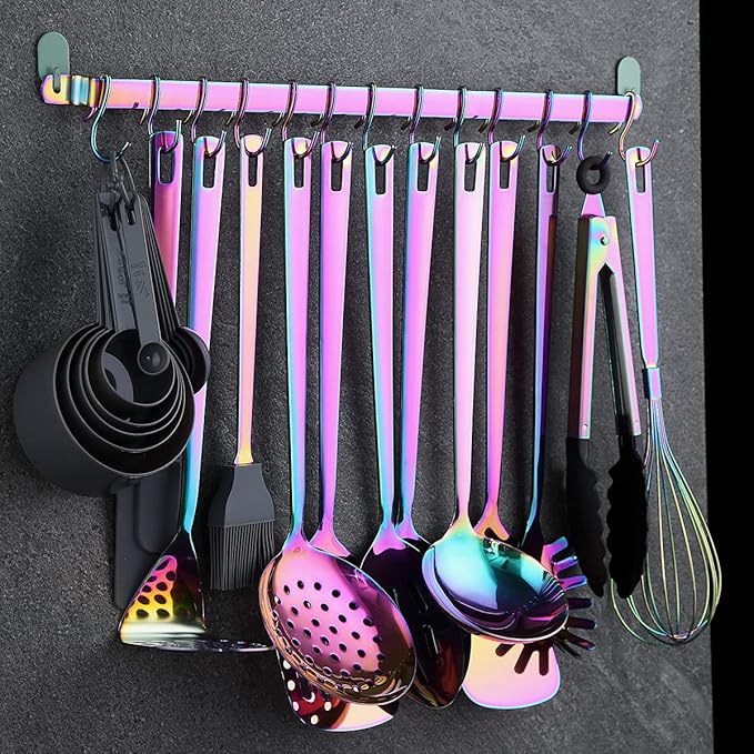 Kyraton Kitchen Utensil Rack, Kitchen Rack With Rainbow Titanium Plating,Rail Rack Organizer for Hanging Knives,Wall Mounted Gourmet Kitchen Rail with 14 Hooks