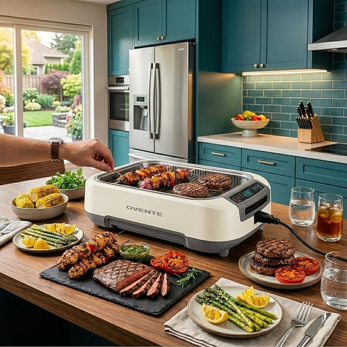 OVENTE Smokeless Indoor Grill, 1500W Electric Portable Korean BBQ Grill with One-Touch Control, LED Smart Display, Tempered Glass Lid, Two Removable Non-Stick and Dishwasher Safe Plates, White SGR85W