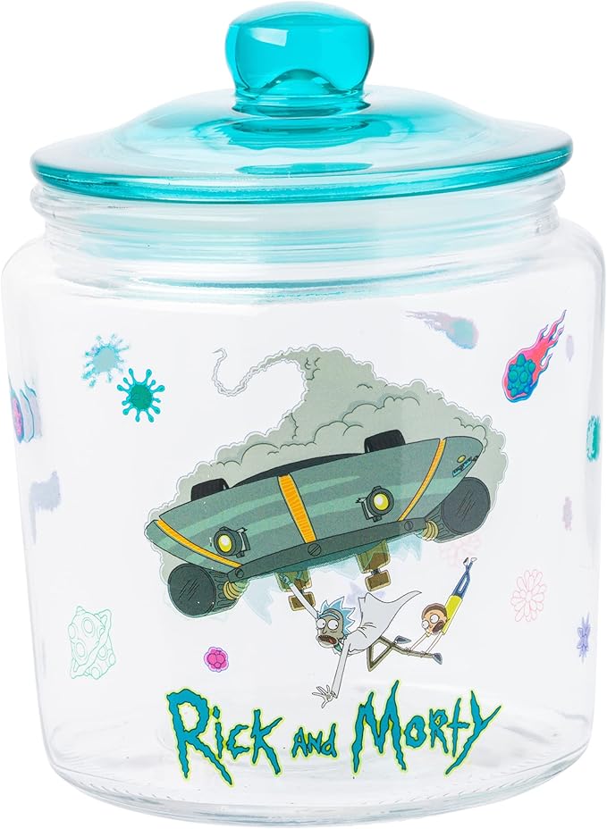 Silver Buffalo Rick and Morty Falling Out of Ship Glass Cookie Snack Candy Jar with Lid (Small)
