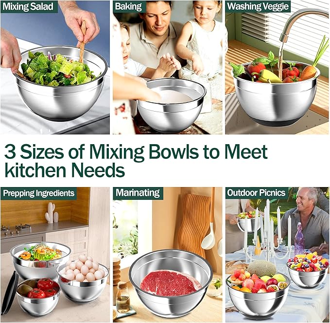 Nicdiet Mixing Bowls with Airtight Lids, Stainless Steel Mixing Bowl Set with 3 Metal Nesting Bowls, Colander & Grater, Non-Slip Bottoms, Size 1.5, 2.5, 5 QT, Great for Mixing & Serving, Black