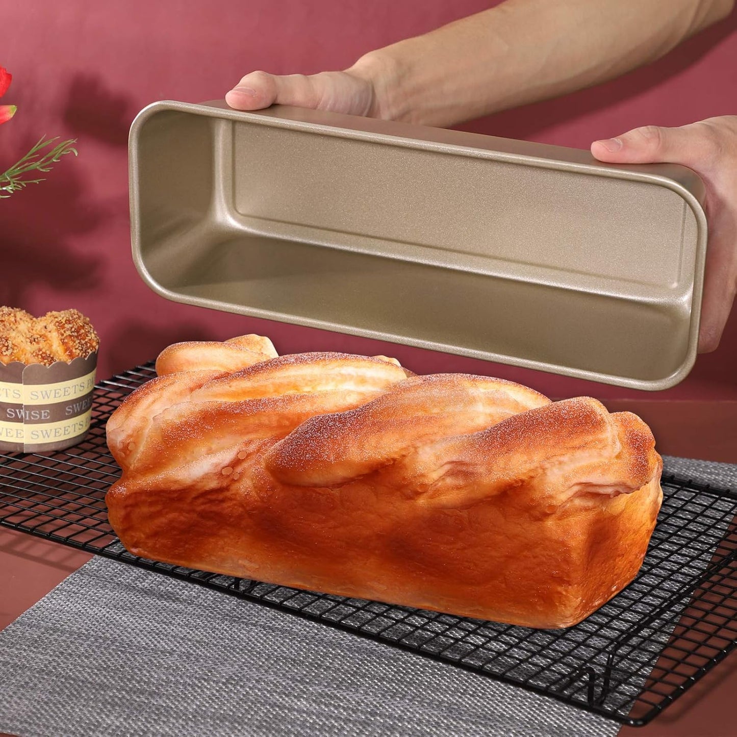 Beasea Long Loaf Pan, 12x4 Inch Rectangle Bread Loaf Pan Set of 2, Nonstick Bread Pans Carbon Steel Toast Pan Golden Cake Pan Loaf Baking Pans Bakeware for Oven Baking