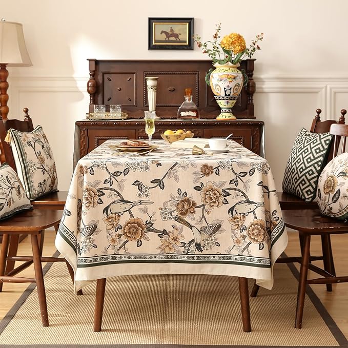 ISAENNE Designer Vintage Linen Square Table Cloth,Floral and Bird Pattern Elegant Tablecloths,Fall Wrinkle Resistant Home Decor Tablecloth for Dining Kitchen Party Christmas,67"*67"-Murad A