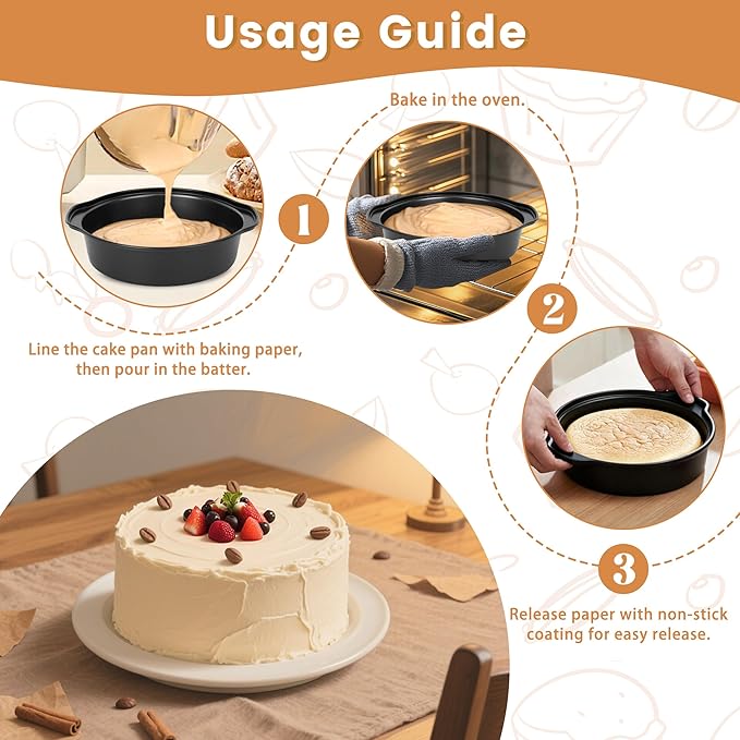 BEWOS 6 Inch Cake Pan Set - 3 Pcs Carbon Steel Round Cake Pans with 100 Pcs Parchment Paper, Round Cake Pans, Nonstick Baking Pans Set with Handle, Dishwasher Safe