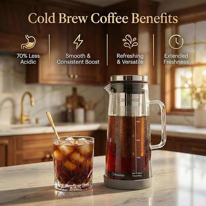 Cold Brew Coffee Maker Pitcher, 1.0L/34Oz Airtight Borosilicate Glass Carafe with 150 Mesh Precision Filter | Barista Grade Iced Coffee Maker, Integrated Glass Handle & Non Slip Base (Grey)