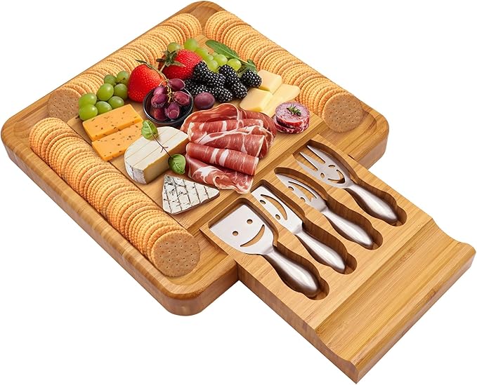 Sarolta Homewares Bamboo Cheese & Sushi Cutting Board and Platter with Brushed Stainless Steel Cutlery Set - 2 Sets