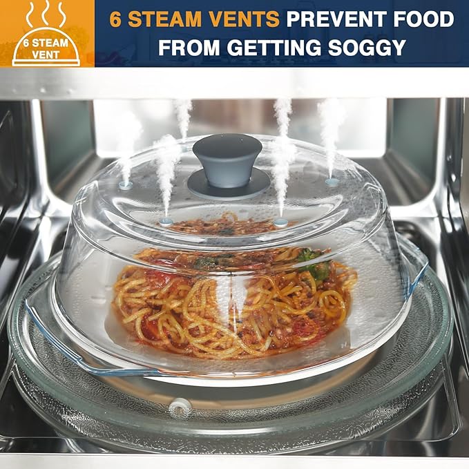 lopeztek Glass Microwave Splatter Cover, Glass Microwave Oven Covers for Food, Splatter Guard for Dish Plate, BPA Free & Dishwasher Safe Lid with Silicone Handle