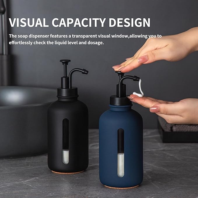 Enra Glass Soap Dispenser with Window,17oz Blue Hand Soap Dispenser Stainless Steel Hand Pump,Countertop Lotion Bottle for Bathroom Kitchen(Blue-Liquid