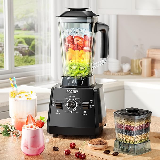 Blenders for Kitchen, Smoothie Blender, 2400W/1000W Prasky Blender & Grinder Combo, 25,000 RPM High Speed, 68oz BPA-Free Food Processor, Countertop Blender for Smoothies, Shakes & Food (Black, 2L)