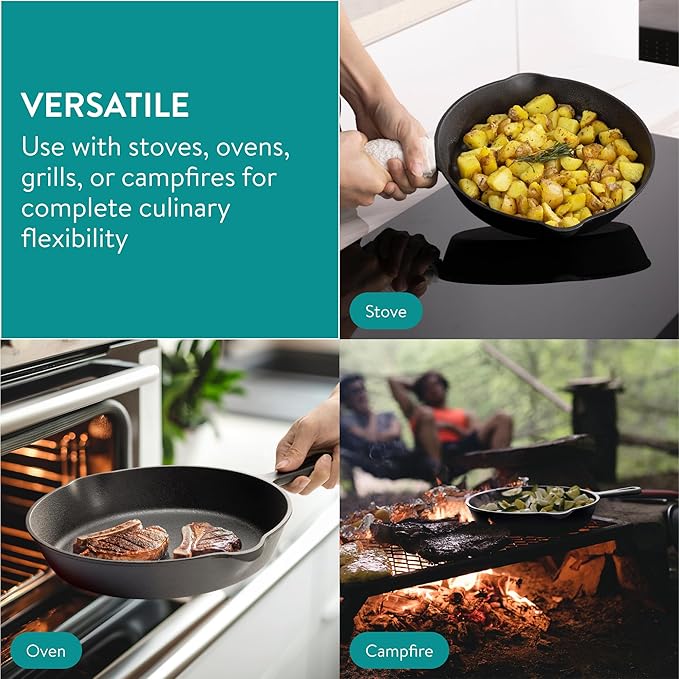 Navaris Cast Iron Skillet - 6/8/10 inch(15/20/25cm) Pre-Seasoned Frying Pan, Pour Spouts, for Oven, Stovetop, Grill & Campfire, Non-Toxic, Heavy-Duty, Even-Heating Cookware