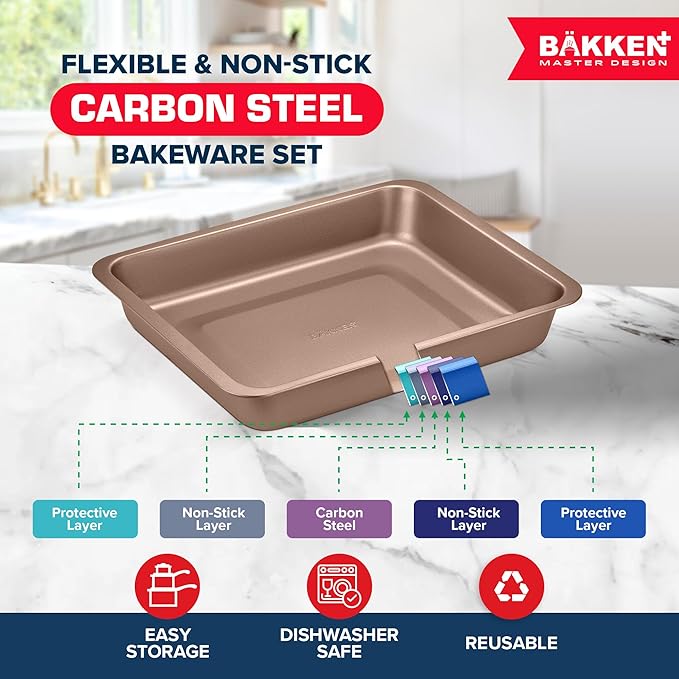 BAKKEN 6-Piece Kitchen Baking Pan Set - Commercial Grade Carbon Steel Bakeware, With Nonstick Coating, Stackable and Space-saving Design, PFOA, PFOS, PTFE Free, Oven Safe Tray (Up To 450°F), Brown