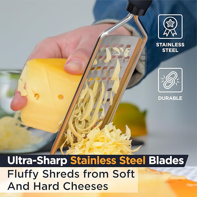Deiss PRO Coarse Grater & Hand Held Cheese Grater - Sharp Stainless Steel Blades, Non-Slip Handle, Small Cheese Grater for Kitchen, Shredder, Dishwasher Safe