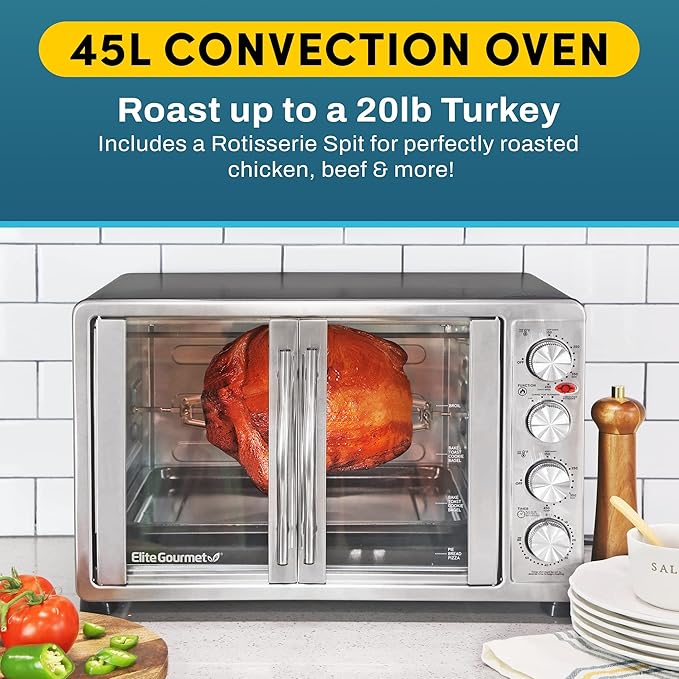 Elite Gourmet ETO4510MX French Door 47.5Qt, 18-Slice Convection Oven 4-Control Knobs, Bake Broil Toast Rotisserie Keep Warm, Includes 2 x 14" Pizza Racks, Stainless Steel