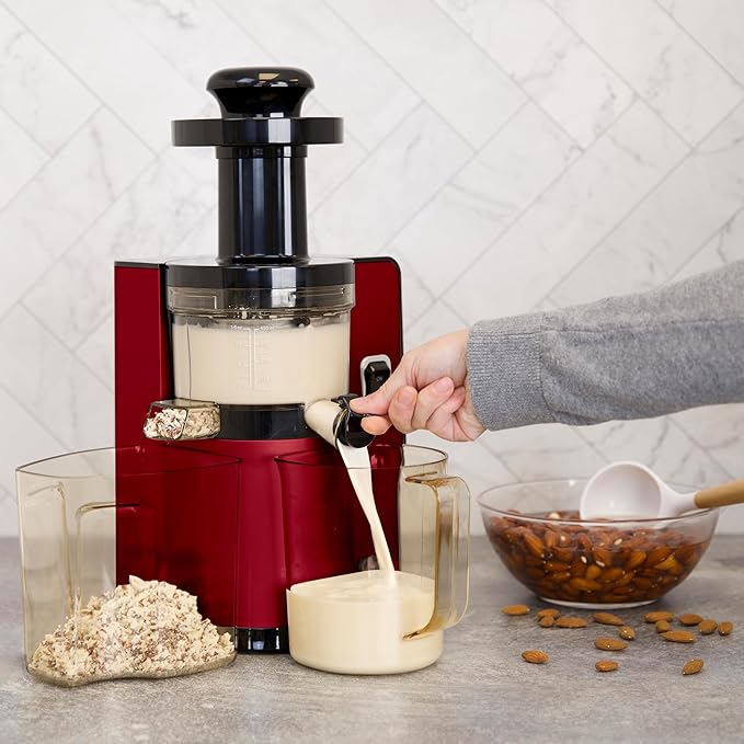 Omega Juicer Cold Press Vertical 43 RPM Slow Masticating Compact Juice Extractor for Fruits and Vegetables Quiet Operation with 3 Stage Auger Automatic Pulp Ejection and No-Drip Tap, 150-Watts, Red