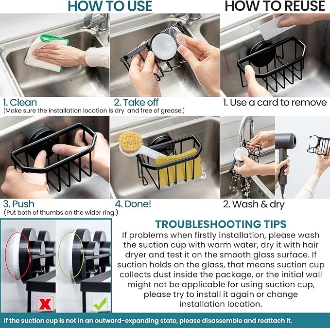 TAILI Sponge Holder for Kitchen Sink with Strong Suction Cup, Rustproof Aluminum Sink Caddy for Sponges, Brushes, Stoppers & Scrapers, Black