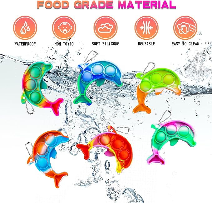 Pop Fidget Toys Bulk Its Kids Party Favors 30 PCS Cute Dolphin Mini Pop Keychain It Sensory Fidget Toy Pack Fidgets for Classroom Prizes for Kids Students Carnival Prizes Birthday Goodie Bag Stuffers