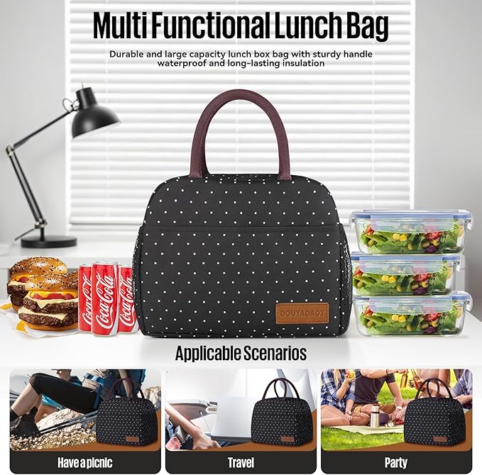 douyadady Lunch Bag Women/Men Lunch Box Women/Men (black polka dot)