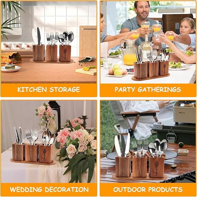 Qivine Acacia Wood Utensil Holder, Wooden Silverware Holder Countertop Utensil Organizer Silverware Organizer with Tray, Kitchen Utensil Organizers for Forks, Spoons, Knives (Acacia)