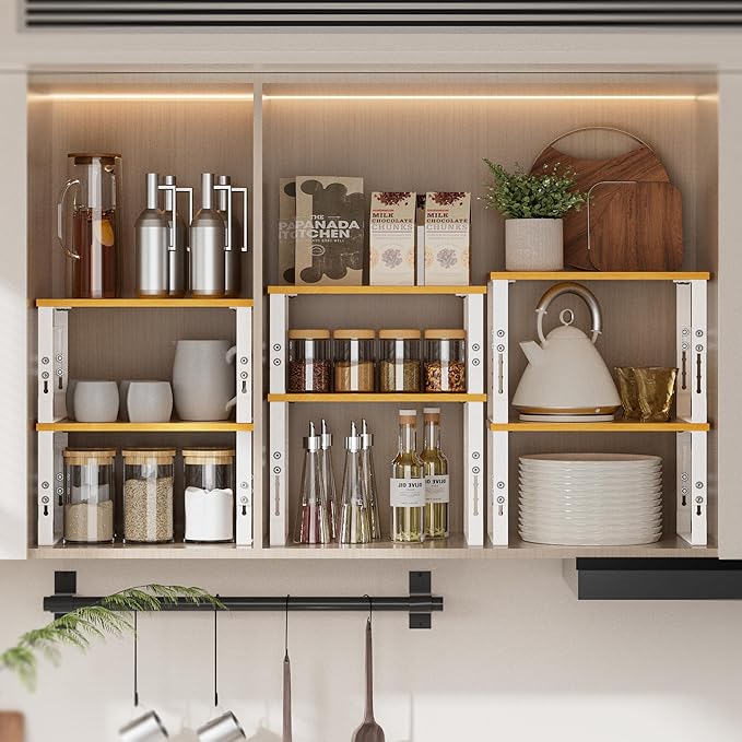 Kitchen Cabinet Organization Shelf，Set of 2 Height Adjustable Storage Racks，Stackable，Expandable，Countertop Shelves Organizer，Pantry Shelving(1PACK/Large/White)