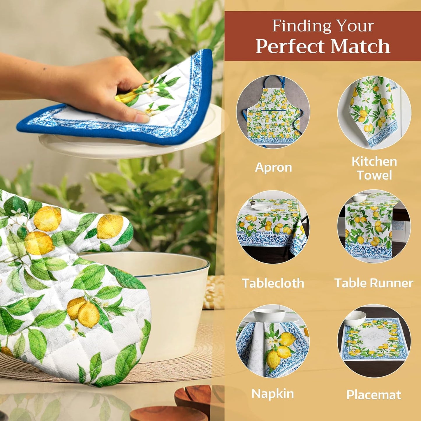 Maison d' Hermine Pot Holders Set 100% Cotton Heat Resistant Potholders 8" x 8" Hot Pads with Loop BBQ, Cooking, Baking, Grilling, Kitchen, Handling Hot Pans Spring/Summer (Pack of 2, Cedrat)