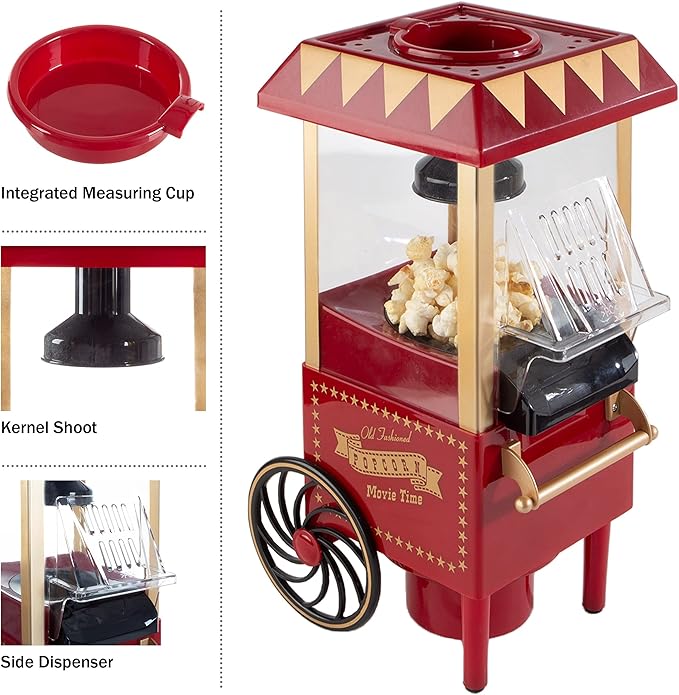 Air Popper Popcorn Maker - Hot Air Popcorn Popper - 6-Cup Vintage Style Oil Free Countertop Popping Machine with Measuring Cap - Movie Night Supplies by Great Northern Popcorn (Red)