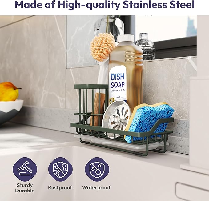 SWTYMIKI Sink Caddy Sponge Holder - Kitchen Sink Organizer with High Brush Holder for Countertop to Hold Dish Soaps and Sponges, Stainless Steel, Green