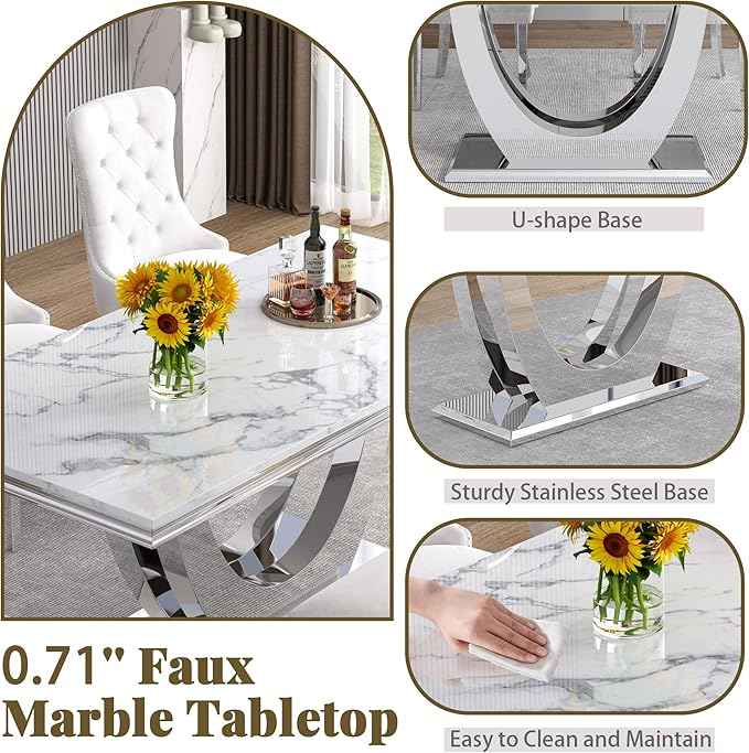 Marble Dining Table Set for 6,70" White Faux Marble Kitchen Tables and Velvet Chairs for 6,7 Piece Luxury Dining Room Table Set and 6 Upholstered Chairs with Silver Stainless Steel Bases