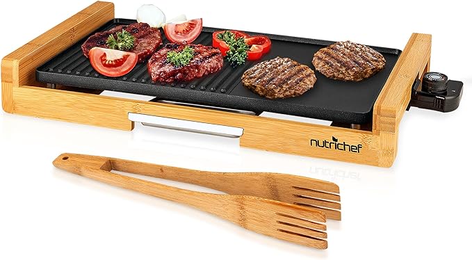 NutriChef Household Smokeless Indoor Grill, Nonstick Electric Grill, Detachable Bamboo, Tempaerature Control, Adjustable Temperature Knob, For Indoor BBQs with no smoke (Black)
