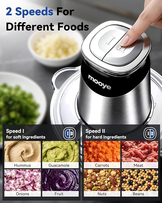 Food Processors Electric Food Chopper with Meat Grinder & Vegetable Chopper - 3 Bowls(8Cup+8Cup+3Cup) with Powerful Copper Motor - Includes 3 Sets of Bi-Level Blades for Fruits/Meat/Nuts