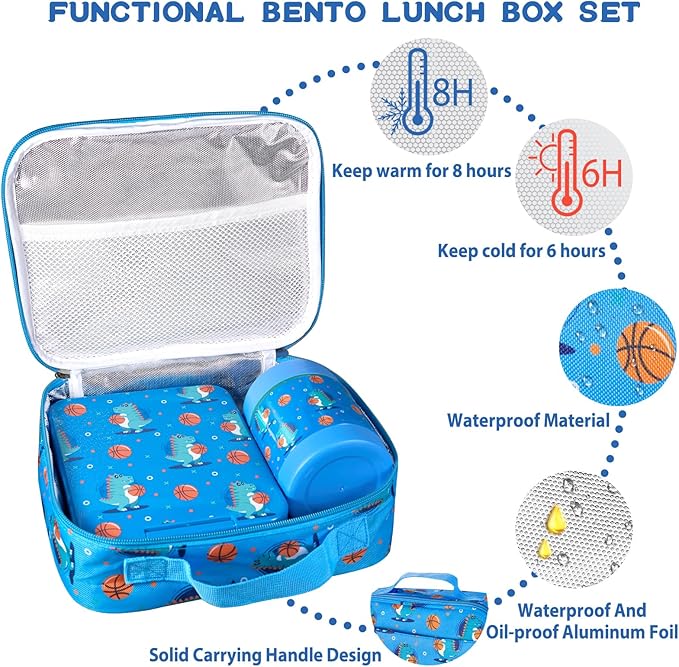 Bento Lunch Box Set for Kids with 10oz Soup Thermo, Leak-Proof Lunch Containers with 4 Compartment, Kids Thermo Hot Food Jar and Insulated Lunch Bag for Kid to School,BPA-Free(Basketball)