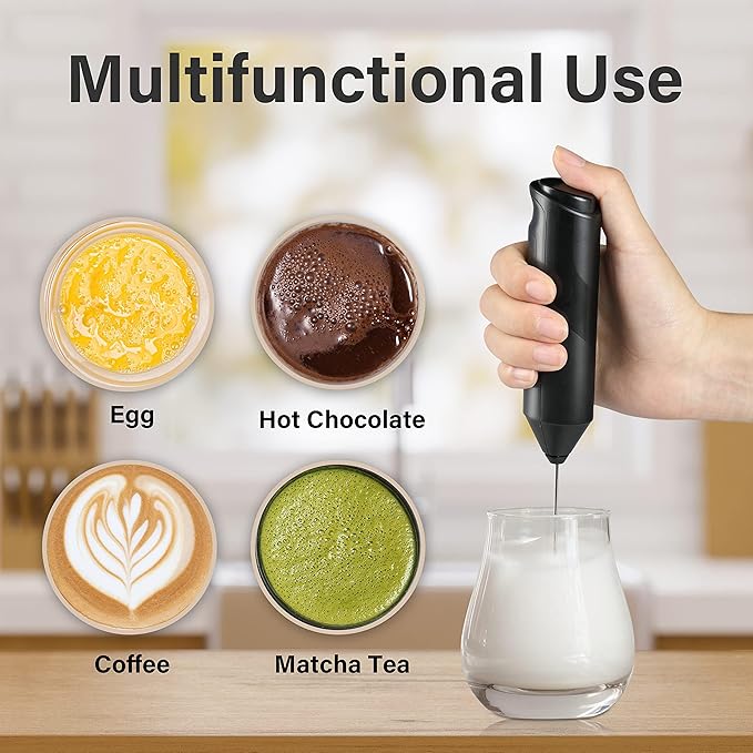 YSSOA Electric Milk Frother Handheld with Stainless Steel Stand Battery Operated Whisk Drink Mixer for Coffee, Latte, Matcha, Hot Chocolate, Black