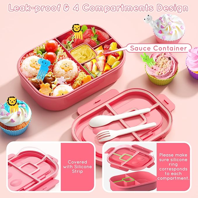 Bento Box, 44oz 4 Compartment Lunch Container with Cutlery for Kid/Adult/Toddler, Leak Proof, Microwave/Dishwasher/Refrigerator Safe, BPA Free (Pink)