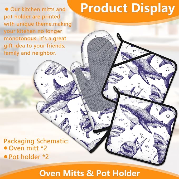 Cool Shark Oven Mitts and Pot Holders Sets 4Pcs Silicone Non-Slip Mitts Heat Resistant Gloves Hot Pads for Kitchen Cooking Baking Grilling BBQ