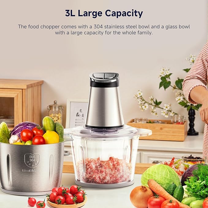 220V EU Plug 3L Dual Bowl Food Prep Processor with 2 Blades, 2-Speed Settings & Digital Display – Quiet Kitchen Appliance