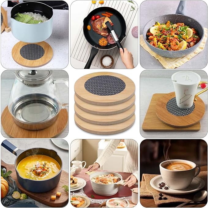 4 Pcs Wooden Trivets Hot Pads for Kitchen,5.7 Inch Trivets with Anti - Slip mesh for Coffee Mat/Table Mats Frying Pans/ot Dishes/Hot Pot/Bowl/Teapot/(Round)