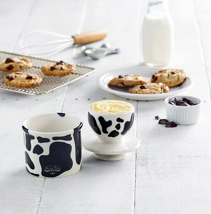 Butter Bell - The Original Butter Bell crock by L Tremain, a Countertop French Ceramic Butter Dish Keeper with Lid for Spreadable Butter, Farmhouse Collection, Honey Bees + Cow Pattern