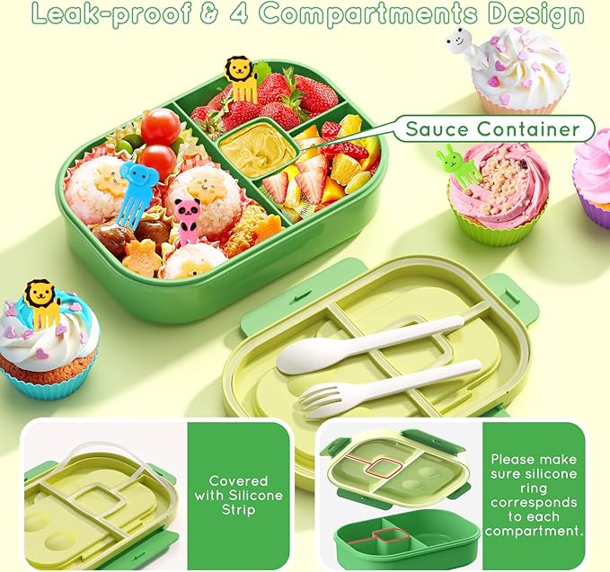 Bento Lunch Box Leakproof 44oz Kids Lunch Box Containers with 4 Compartment, Bento-Style Lunch Bento Box with Cutlery, Reusable Kid Back to School Meal/Snack Packing BPA Free (Green)