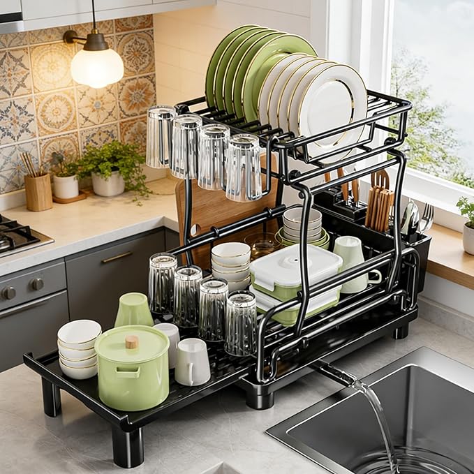Large 2-Tier Expandable Dish Drying Rack, Heavy Duty Kitchen Countertop Dish Drainer Organizer with Utensil Holder, Extendable Space Saving Plate Storage Rack for Kitchen Sink Counter, Black