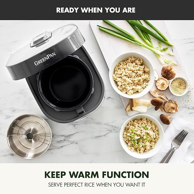 GreenPan Rice Cooker, 8 Cups Cooked (4 Uncooked), Low-Carb & Soup Mode,10 ONE-TOUCH Cooking Presets, PFAS-Free Ceramic Steamer Basket, Fuzzy Logic, Auto Keep Warm, Oats, 24HR Delay Timer, Graphite
