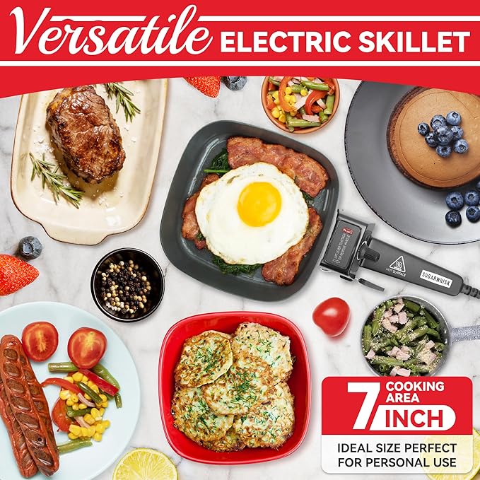 SugarWhisk Small Electric Skillet with Lid, Personal 7-inch Ceramic Coated Electric Skillet Griddle, Square Frying Pan with Temperature Control, Portable Cooking Appliances, Graphite