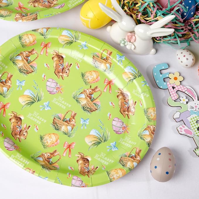 WDF 50Pack Easter Plates Oval Paper Plates - 10" x 12" Bunny Plates for Party Supplies Easter Rabbits Large Disposable Platter for Easter Serving Tray Baby Shower Birthday