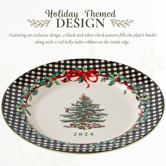 Spode Christmas Tree 2024 Annual Collector Plate - Exclusive Border with Red Ribbon & Black Check, Seasonal Display or Holiday Tableware Use, 8" Porcelain - Great Holiday Gift