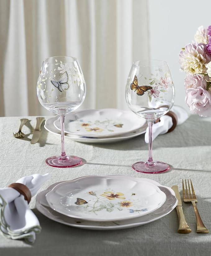 Lenox Glassware, Butterfly Meadow Pink Balloon Wine Glasses, Set of 4, Service For 4, Made From Glass, Dishwasher Safe, Drinking Glasses, Home And Kitchen, Glass Cups (Pink, 4 Pieces, 26 oz Capacity)