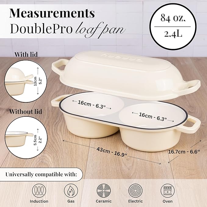 Dutch Oven For Sourdough Bread Baking – Enamelled Cast Iron Bread Loaf Pot – 500°F Oven Safe Non Stick Bread Pot – Double Round Loaf Space, 16.5cm Diameter, Cream, – by Nuovva