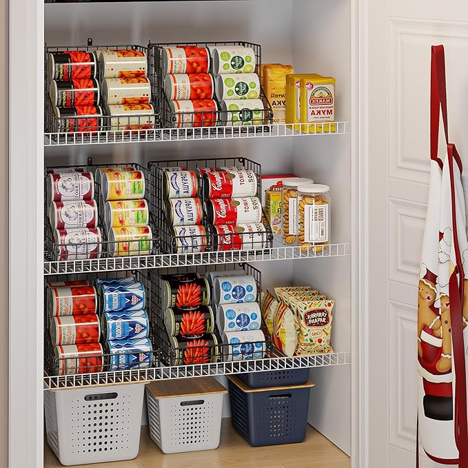 Stackable Can Organizer for Pantry with 2 Adjustable Dividers, Soda Can Organizer, Can Storage Dispenser Holds up to 28 Cans, 2 tier Metal Wire Baskets Can Holder for Kitchen Cabinet Pantry, Black