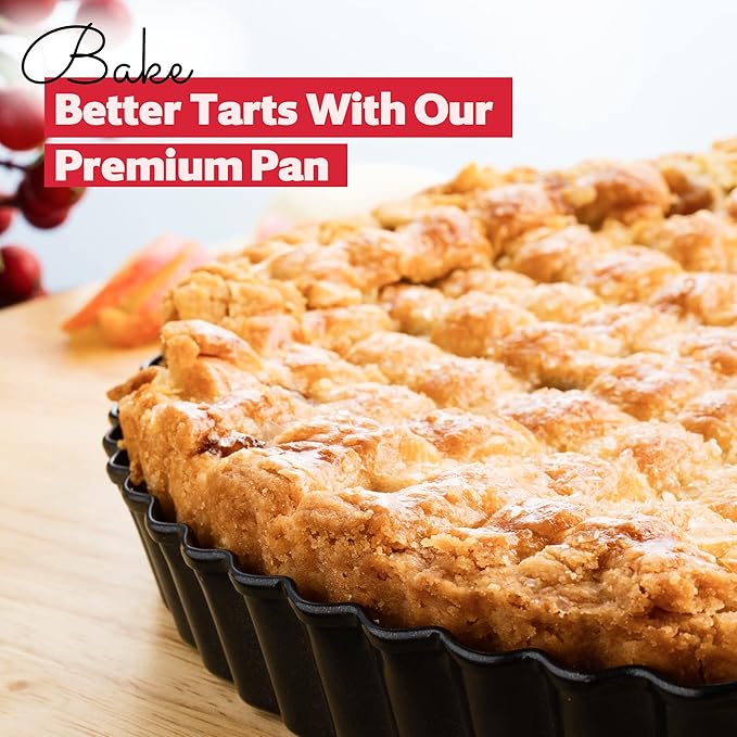 Tart Pan 11 Inch Removable Bottom- Carbon Steel Deep Quiche Pan, Rust, & Temperature Resistant 550-600 °F– Non-Stick, Perfect for Baking Fruit Tarts, Quiches & Dessert