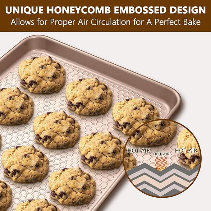 Wildone 2 Pack Half Sheet Baking Pans, Honeycomb Embossed Nonstick Baking Sheet 17.5x12 In, Thicker Carbon Steel Cookie Sheet, Even Heating & Warp Resistant, Rose Gold